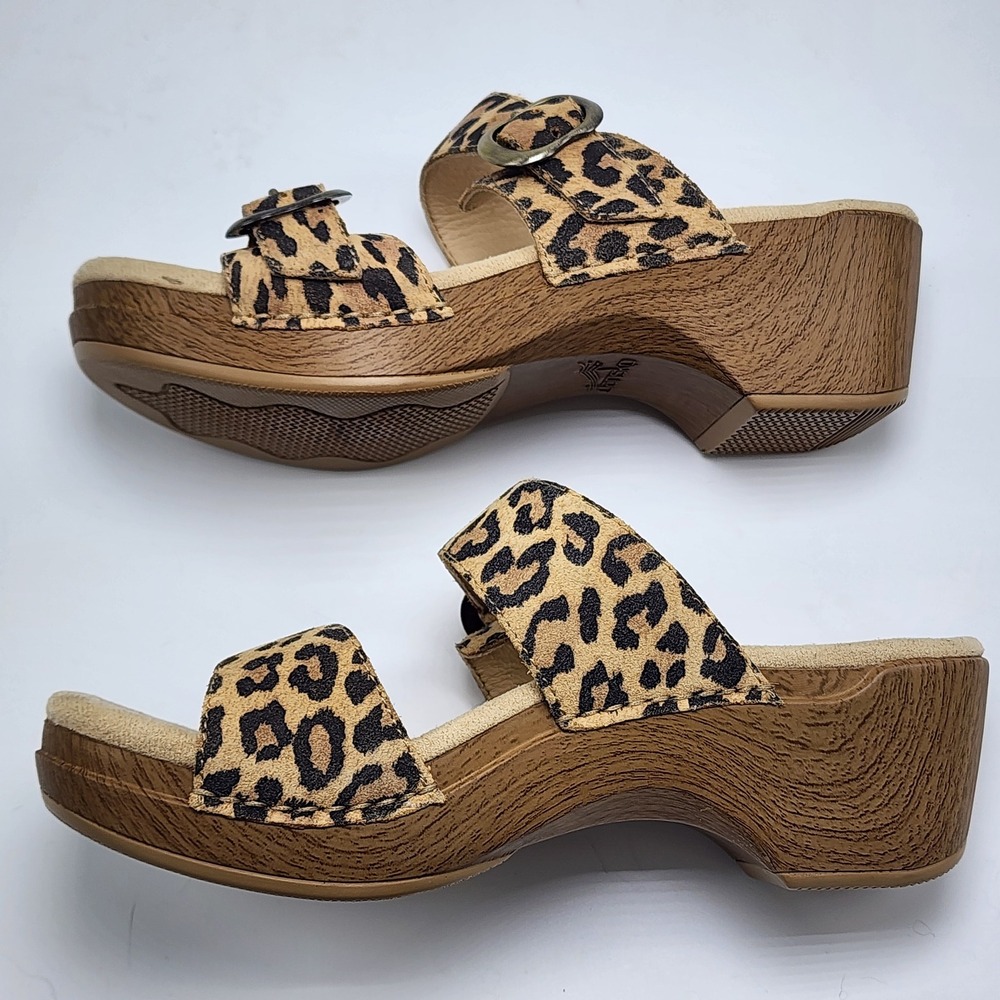 Dansko Leopard Print Leather Slide Sandals Womens 37 Wedge Buckle Size 6.5 - Picture 9 of 13